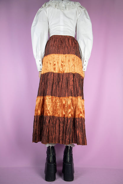 Vintage 90's Orange Brown Tiered Midi Skirt - S/M