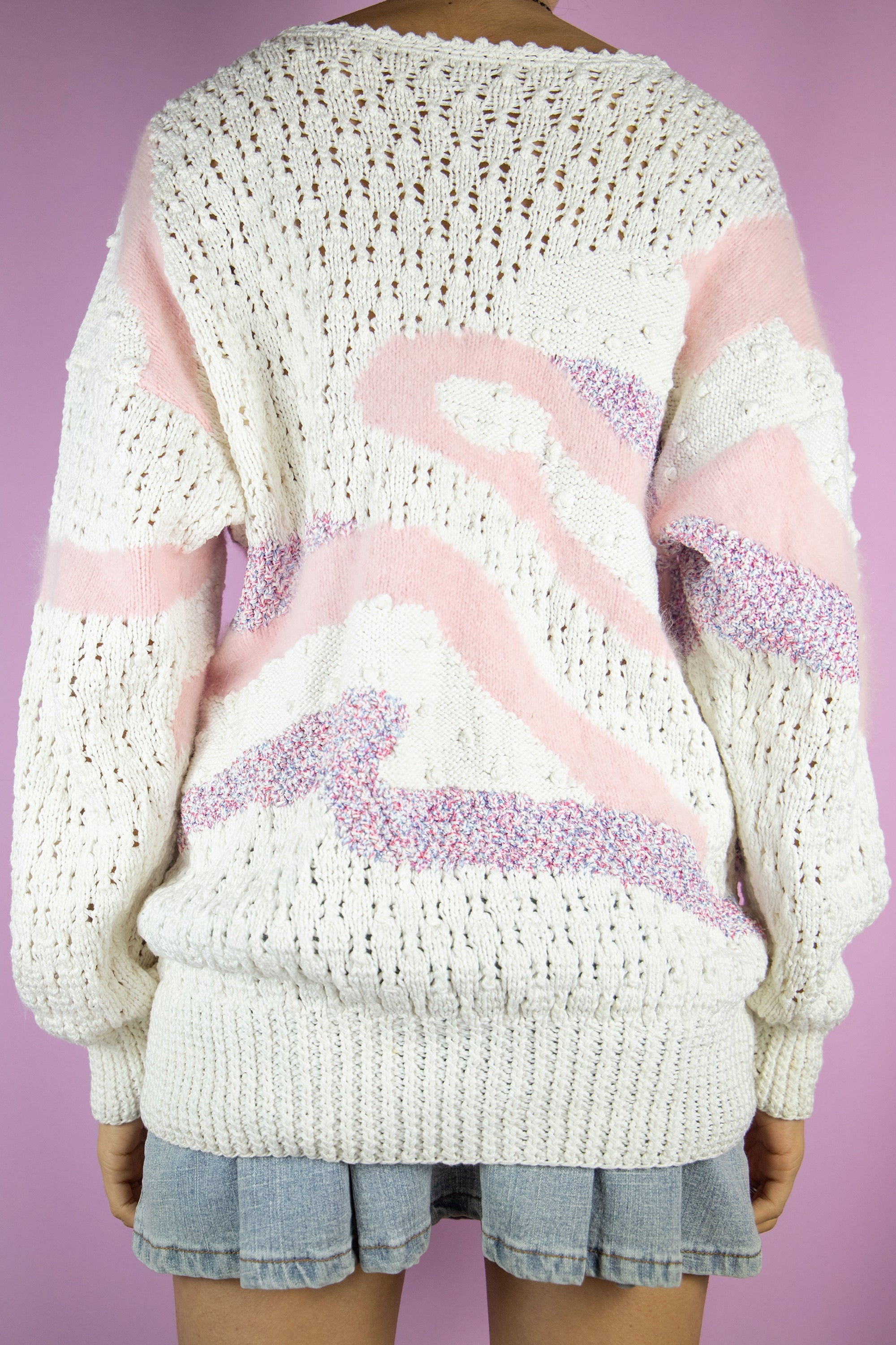 Vintage 80s Retro White Knit Sweater M Adult World Shop
