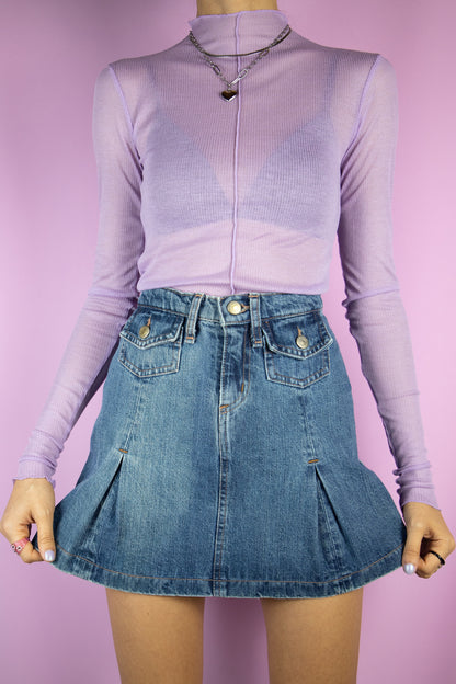 Vintage 90's Denim Pleated Mini Skirt - S