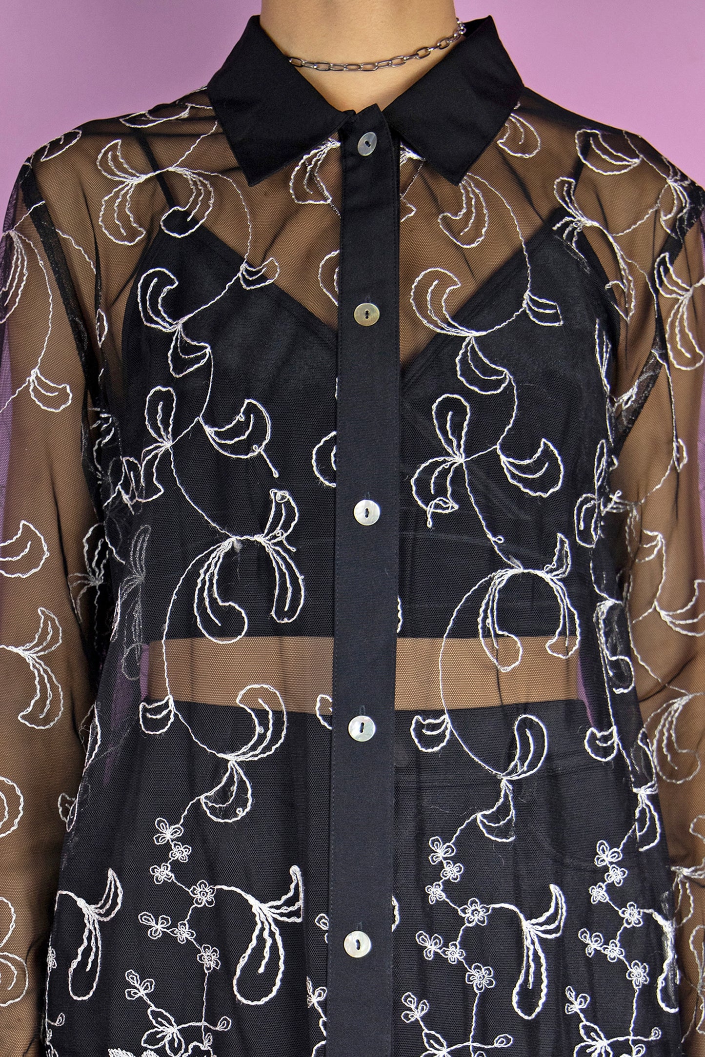 Vintage 90s Black Embroidered Mesh Shirt - M